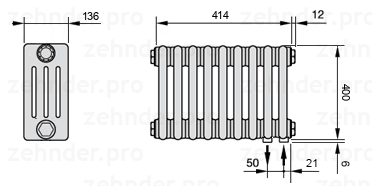 Схема (чертеж) Радиатор Zehnder Charleston 4040/9 №5510 Белый глянцевый RAL 9016